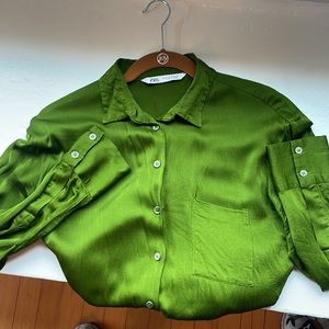 Zara Satin Green Relaxed Button Down